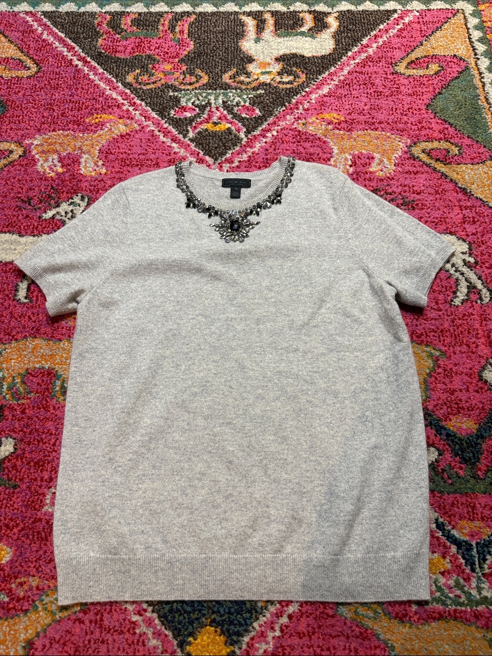 Saks Fifth Avenue Light Gray Jeweled Crewneck cashmere Sweater - XL